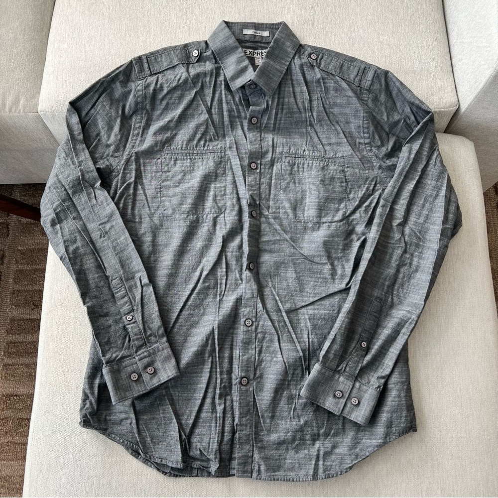 Mens Express Gray Button Down Cotton Shirt